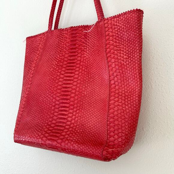 Carlos Falchi Python Leather Tote Bag Exotic Embossed Shoulder Bag coral Orange - Picture 5 of 14